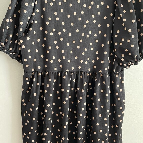 River Island Women 12 Black Crew Neck Puff Sleeve Spotted Frill Smock Mini Dress - Picture 7 of 15